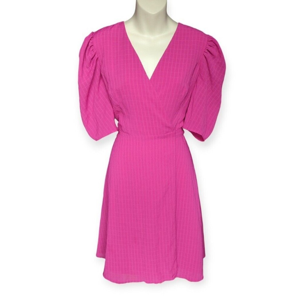 Charles Henry Fuschia Pink Wrap Dress Puff Sleeve Textured Barbiecore Barbie S